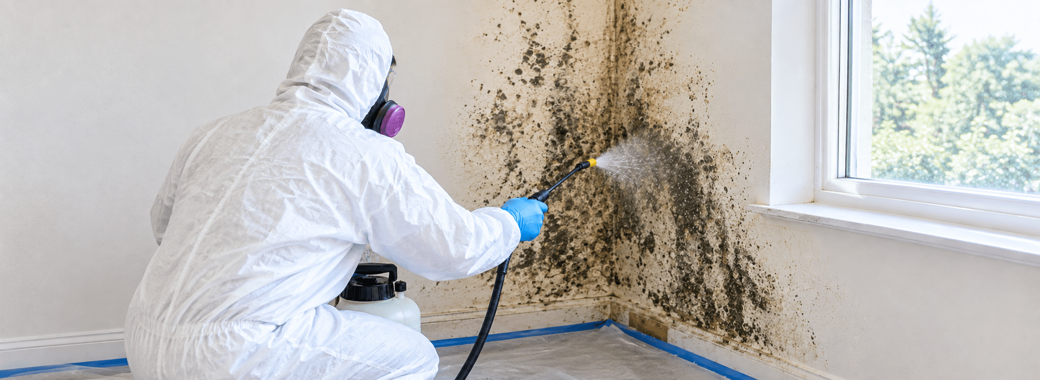 Professional mold remediation worker treating mold growth on a wall